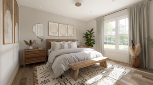 A minimalist bedroom with soft neutral walls and furnishings. The bed is dressed in white and beige linens atop a simple, textured headboard. Large abstract prints hang above the bed, while a tall green plant and natural wood nightstands add organic warmth.