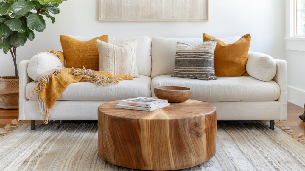A cozy living room, modern farmhouse aesthetic, neutral sofa styled with layered throw blankets and pillows in soft beige, cream, and spring and pastel tones, light knit throw, velvet and linen cushions, soft natural lighting, rustic wood coffee table nearby, minimal clutter, inviting and warm, photorealistic, high detail