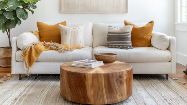 A cozy living room, modern farmhouse aesthetic, neutral sofa styled with layered throw blankets and pillows in soft beige, cream, and spring and pastel tones, light knit throw, velvet and linen cushions, soft natural lighting, rustic wood coffee table nearby, minimal clutter, inviting and warm, photorealistic, high detail