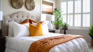 A cozy bedroom featuring a tufted neutral-colored headboard with crisp white bedding, layered orange accent pillows, and an orange throw. Two round, sculptural wall hangings adorn the wall above the headboard. Lush green plants and a modern table lamp complete the warm, inviting look.