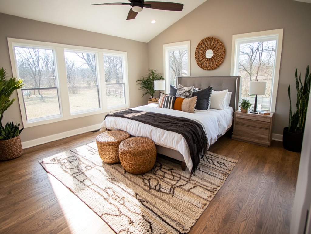A bright, airy bedroom showcasing a neutral color palette. Ample natural light streams through wide windows, illuminating the light gray bedding and simple wood accents. Greenery and textured accessories infuse a calm, modern feel into the space.